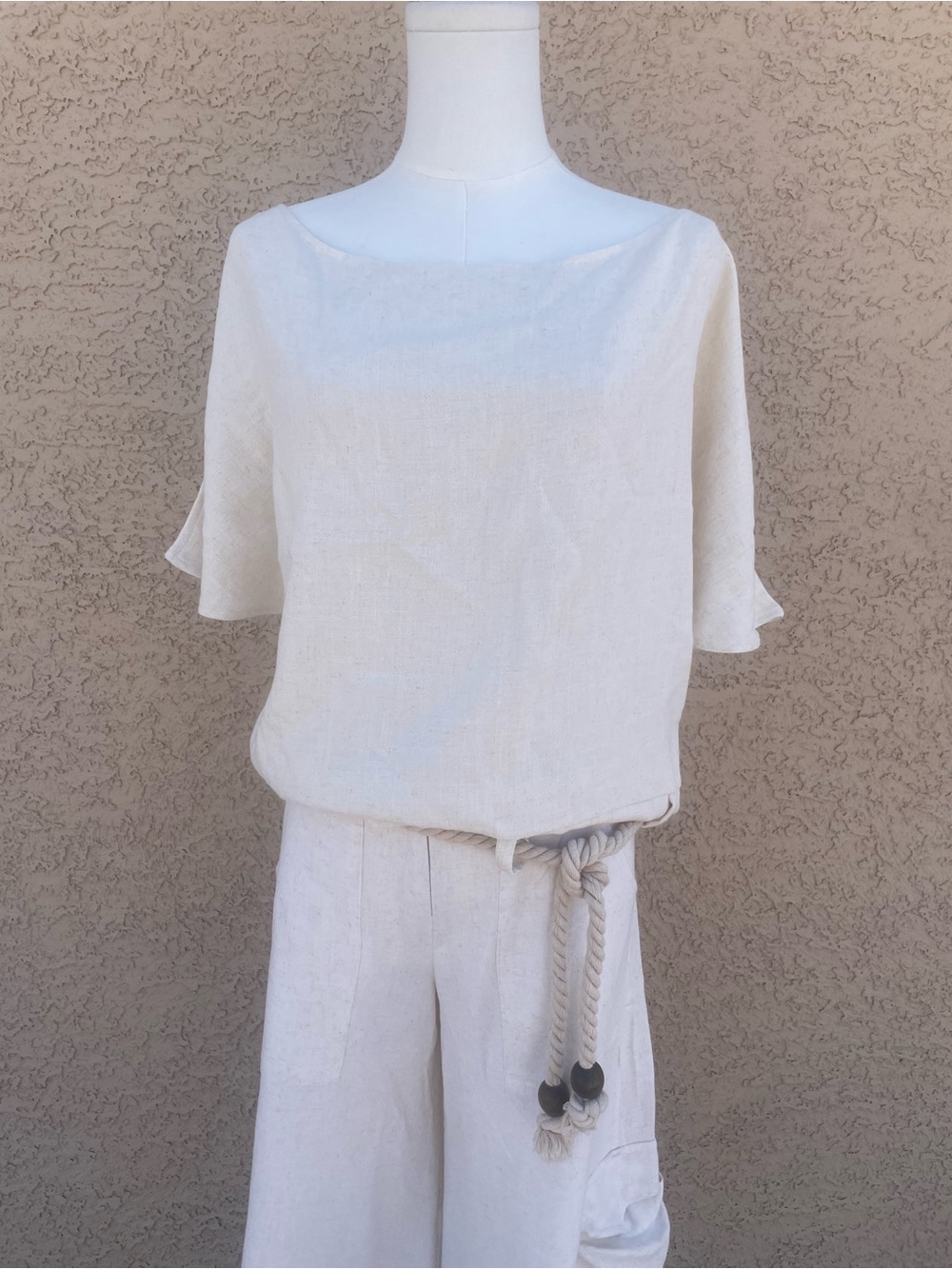 Wassa Linen Blend 2-Piece Set Ivory Off-Shoulder Wide Leg Pants M - Picture 10 of 11